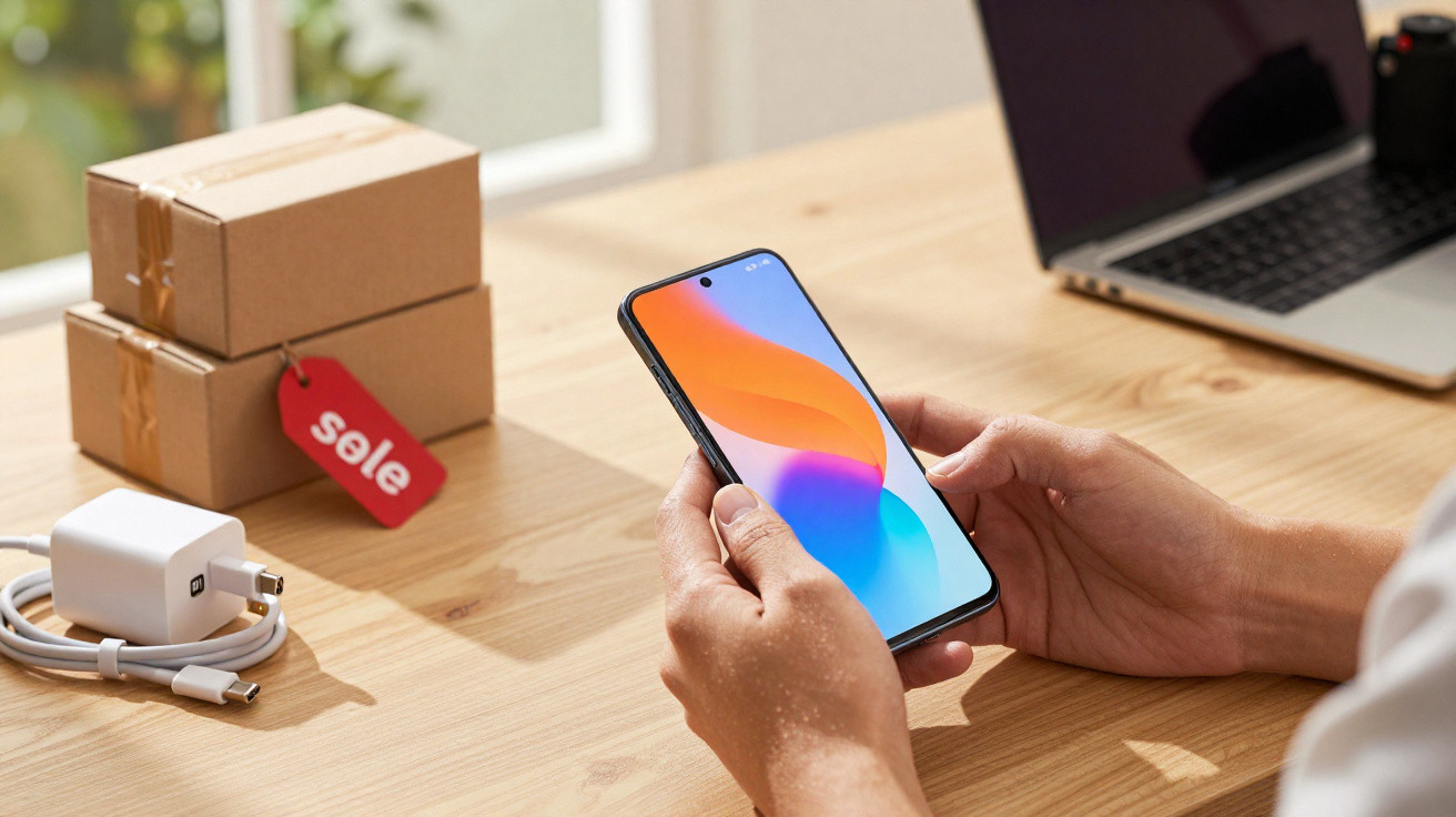 Person holding smartphone with colourful screen near two cardboard boxes with sale tag and laptop on wooden desk
