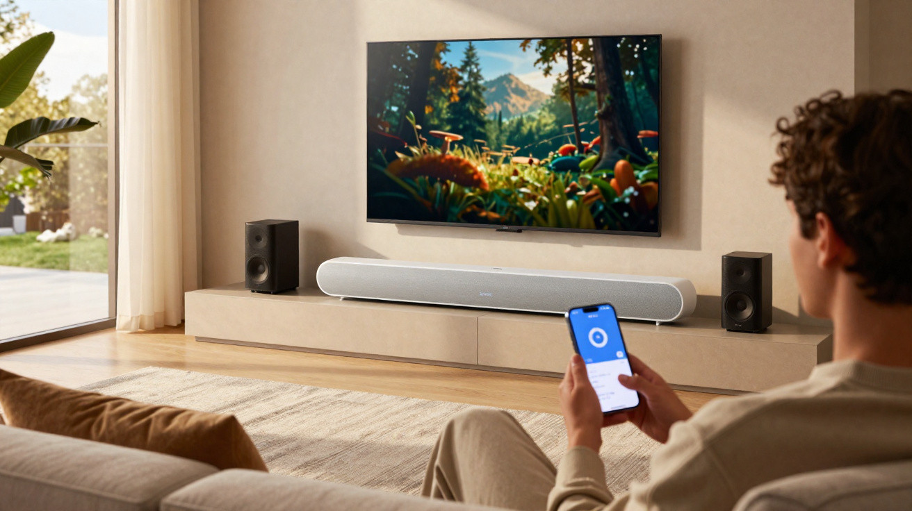 Person using a smartphone to control a soundbar and speakers in a modern living room with a TV on the wall.