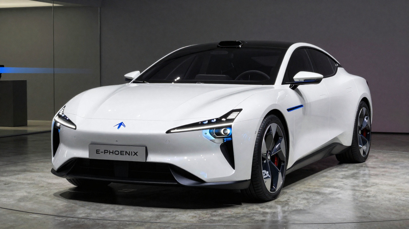 White E-Phoenix electric sports car with sleek headlights in a showroom setting on polished concrete floor.