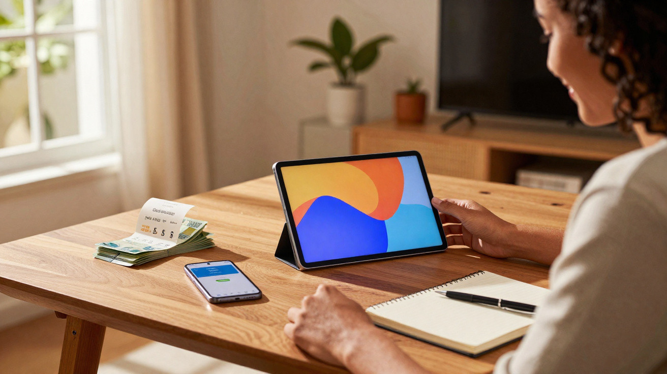 Person at wooden table with tablet, smartphone, notebook, pen, and money with receipt in bright room.