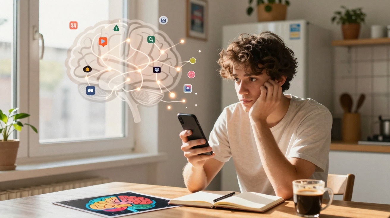 Young man using smartphone at table with brain illustration and social media icons floating beside him