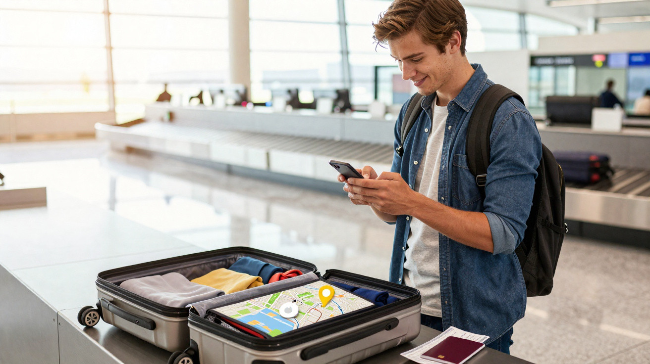 Young man with backpack checking phone next to open suitcase with map at airport baggage claim.