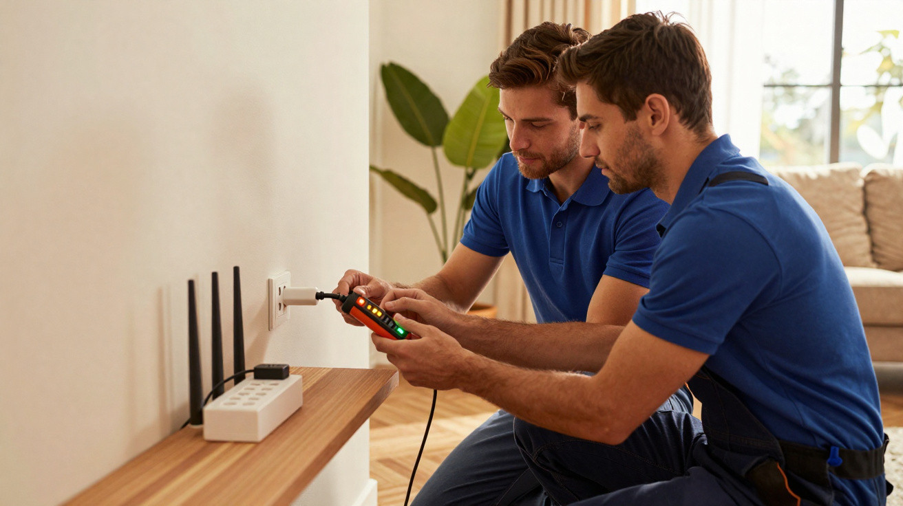 Two electricians in blue uniforms testing a power socket with a voltage tester in a modern living room.