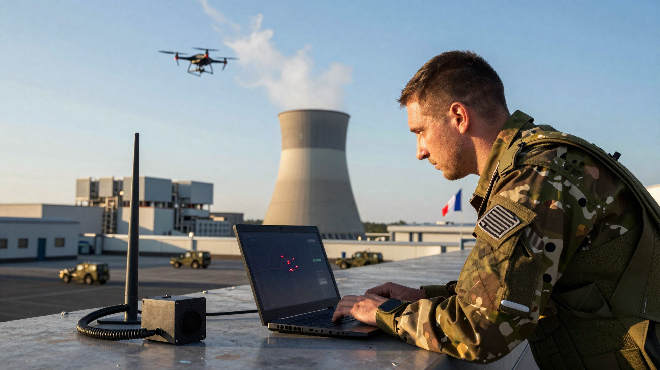 Military personnel operating a drone via laptop near an industrial facility with cooling tower in the background.