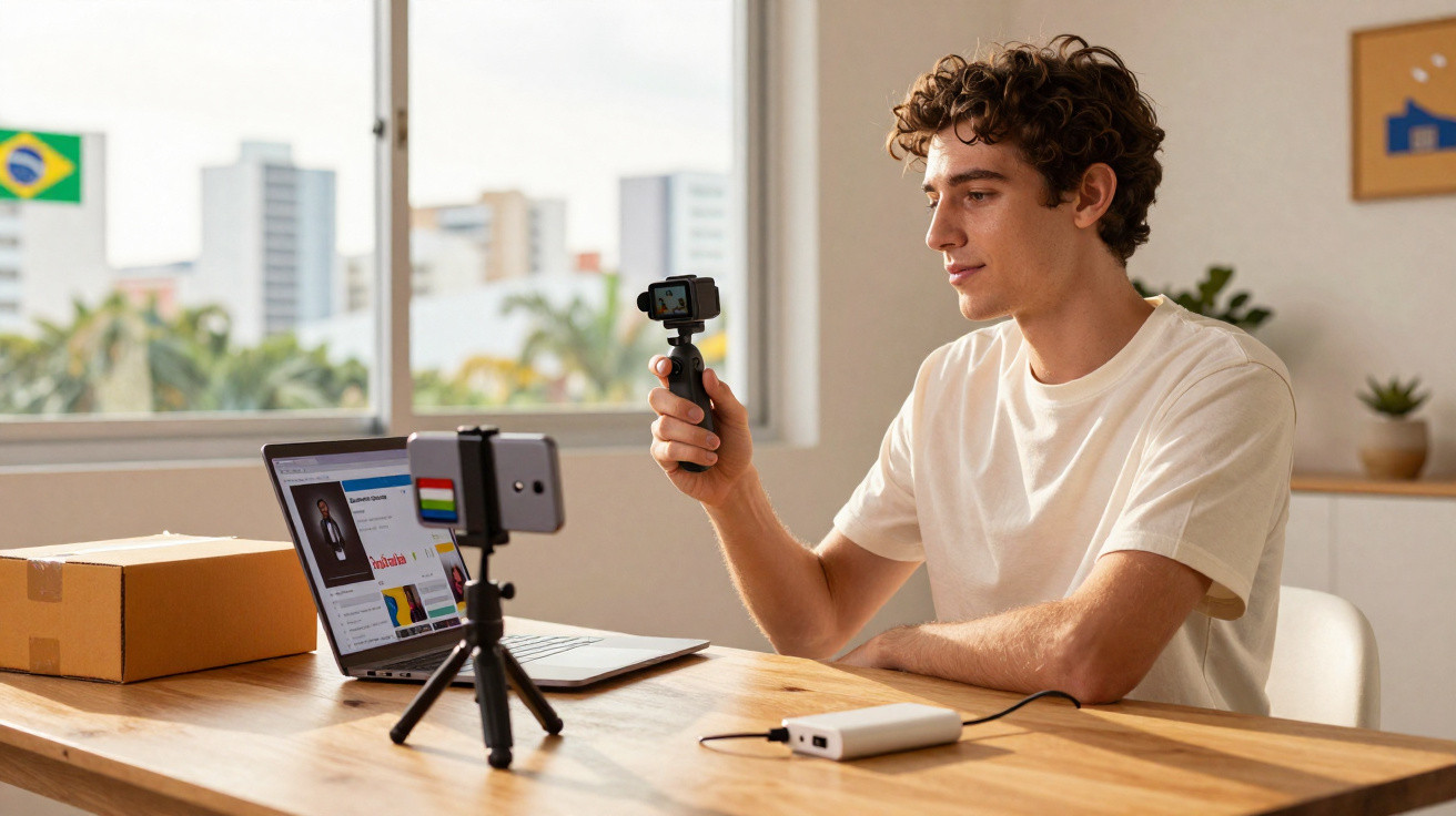 Young man recording video with a handheld camera in a bright room with laptop and smartphone on a tripod.