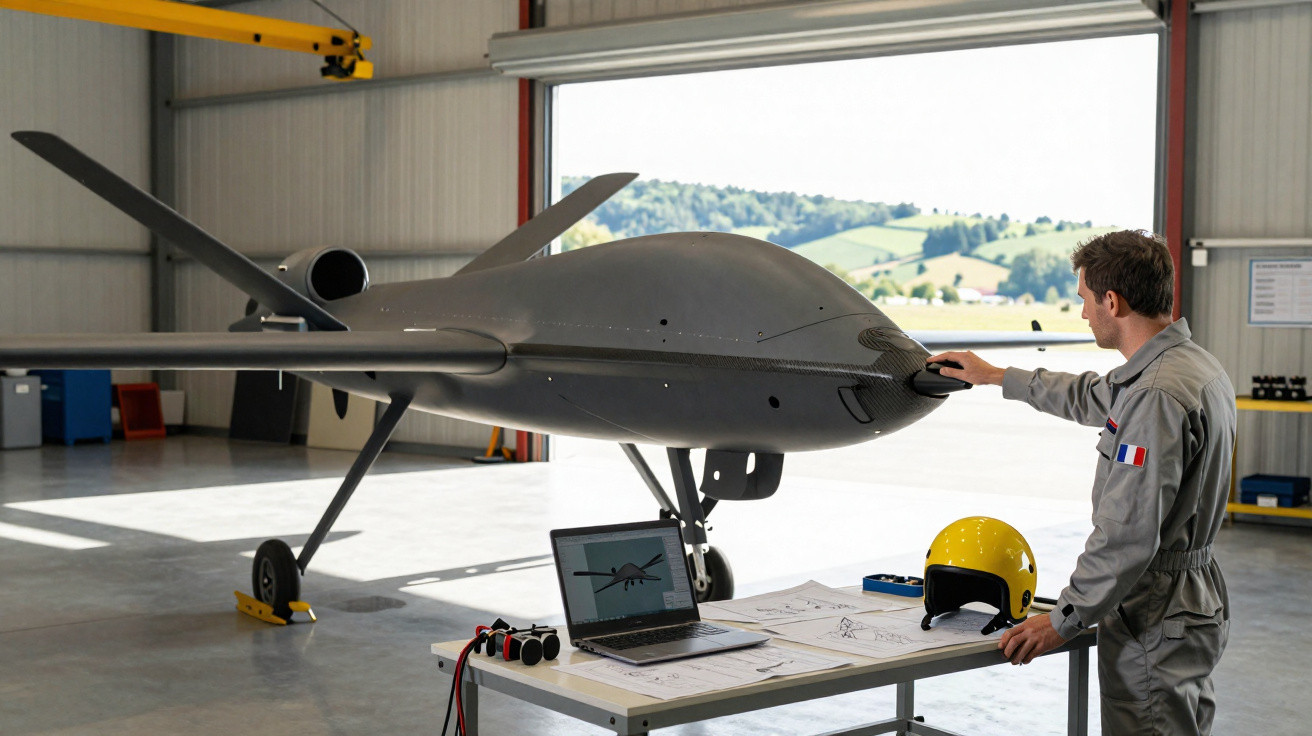 Engineer inspecting a large drone inside a hangar with a laptop and helmet on a table nearby.