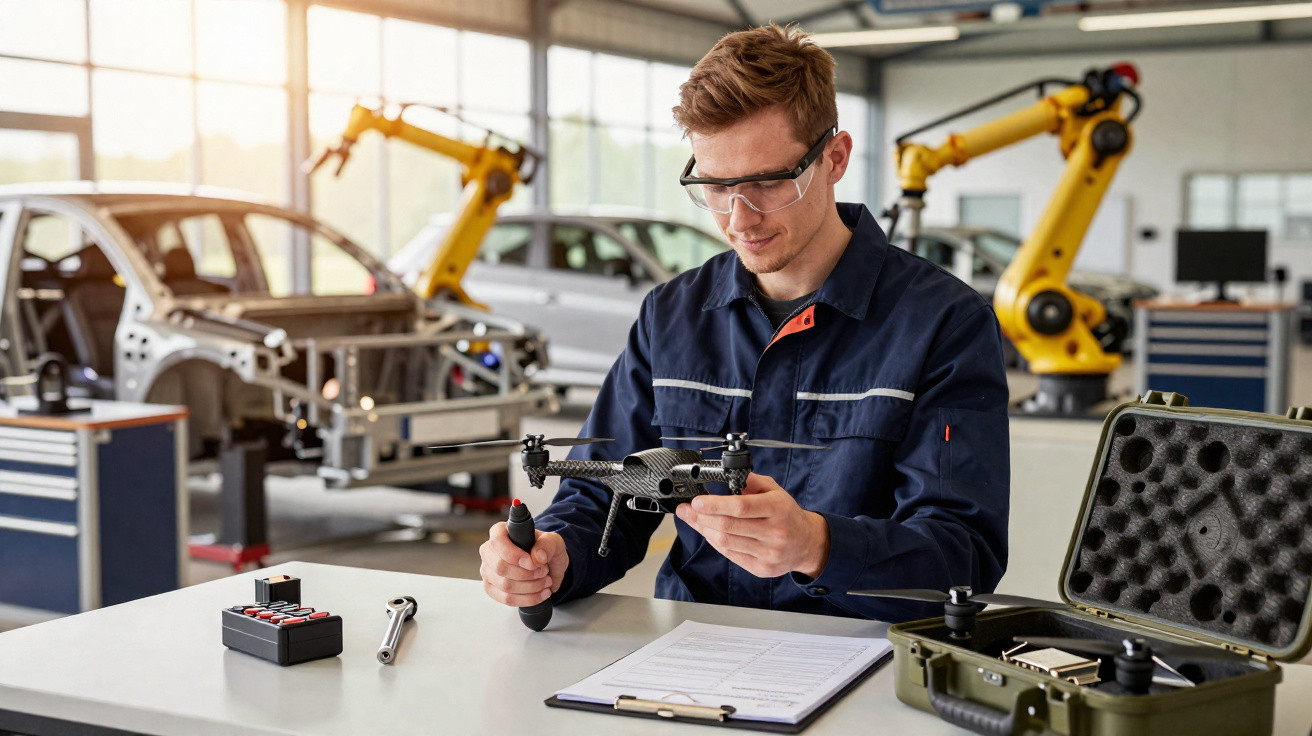 Engineer in safety glasses assembling a drone at a table in a workshop with robotic arms and cars in background.