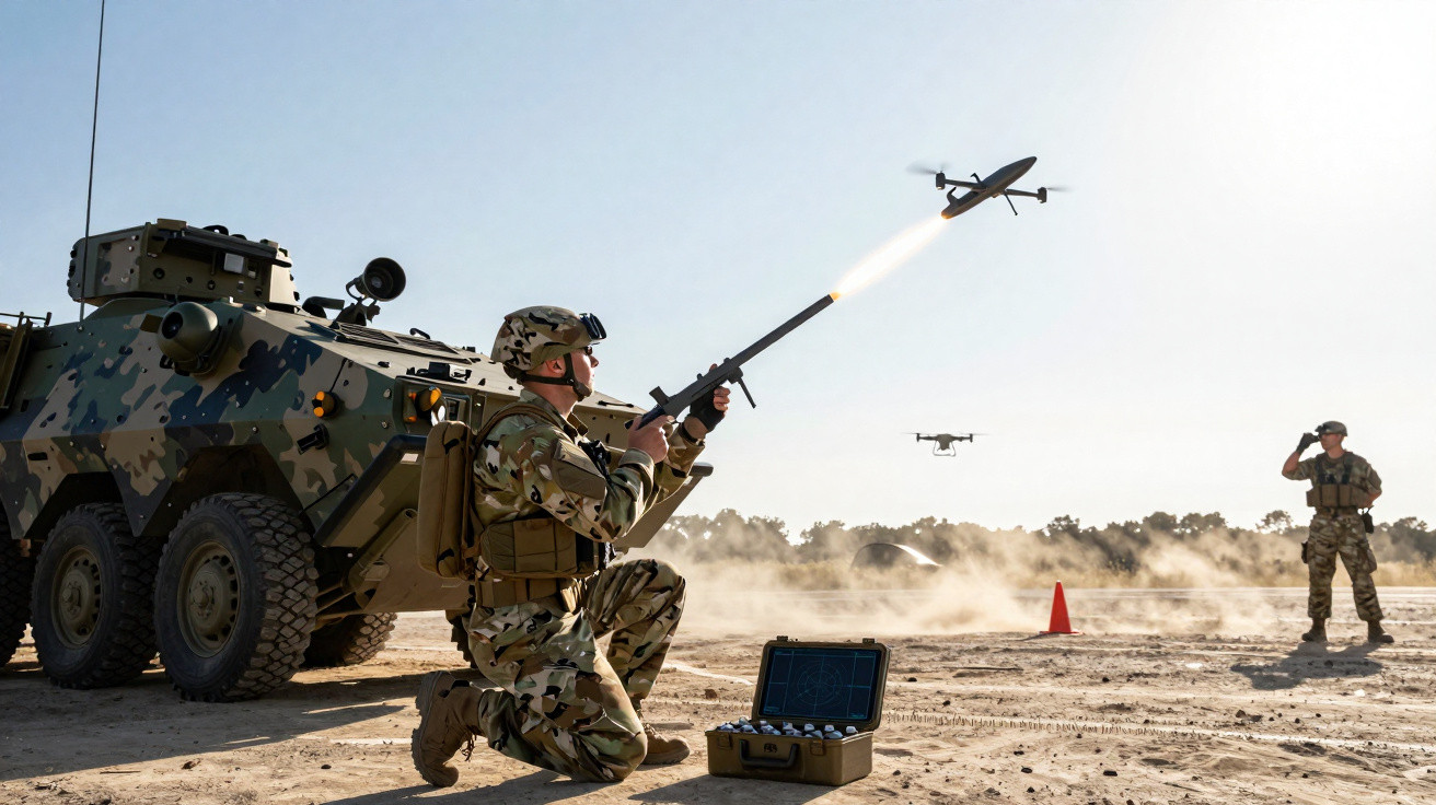 Soldier in camouflage firing a drone launcher near an armoured vehicle with another soldier and drones in desert.