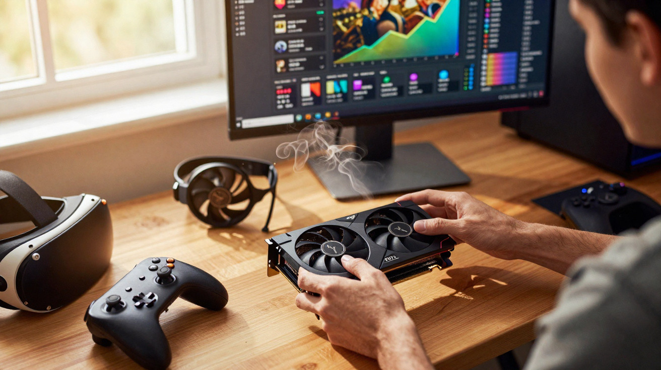 Person holding a steaming graphics card near gaming controllers, VR headset, and a PC monitor on a wooden desk.