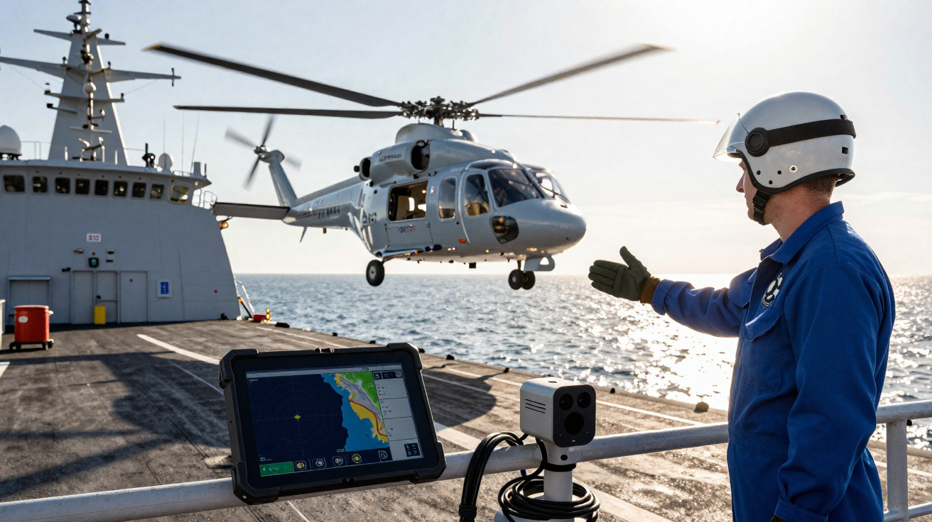 Military personnel in helmet directs helicopter landing on naval ship deck over the ocean at sunset.