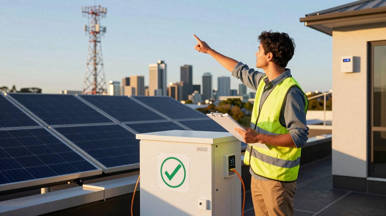 Engineer in safety vest inspecting rooftop solar panels with city skyline in the background at sunset.