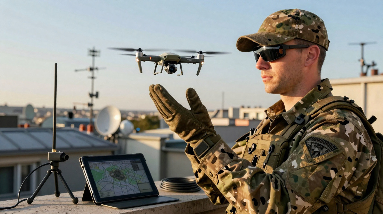 Soldier in camouflage operating a drone on a rooftop with a tablet displaying a map nearby.