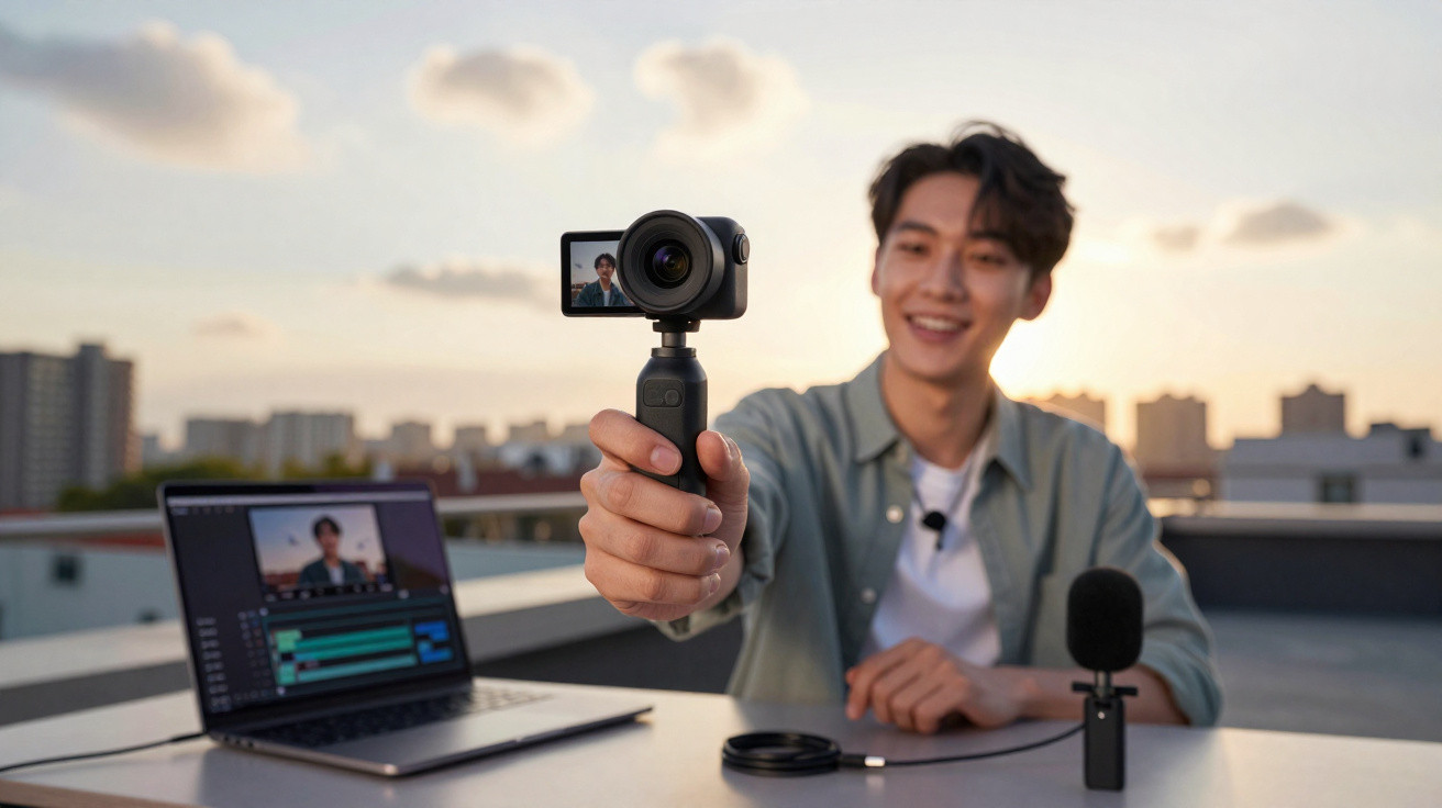 Young man holding a vlog camera with a laptop and microphone on a rooftop at sunset.