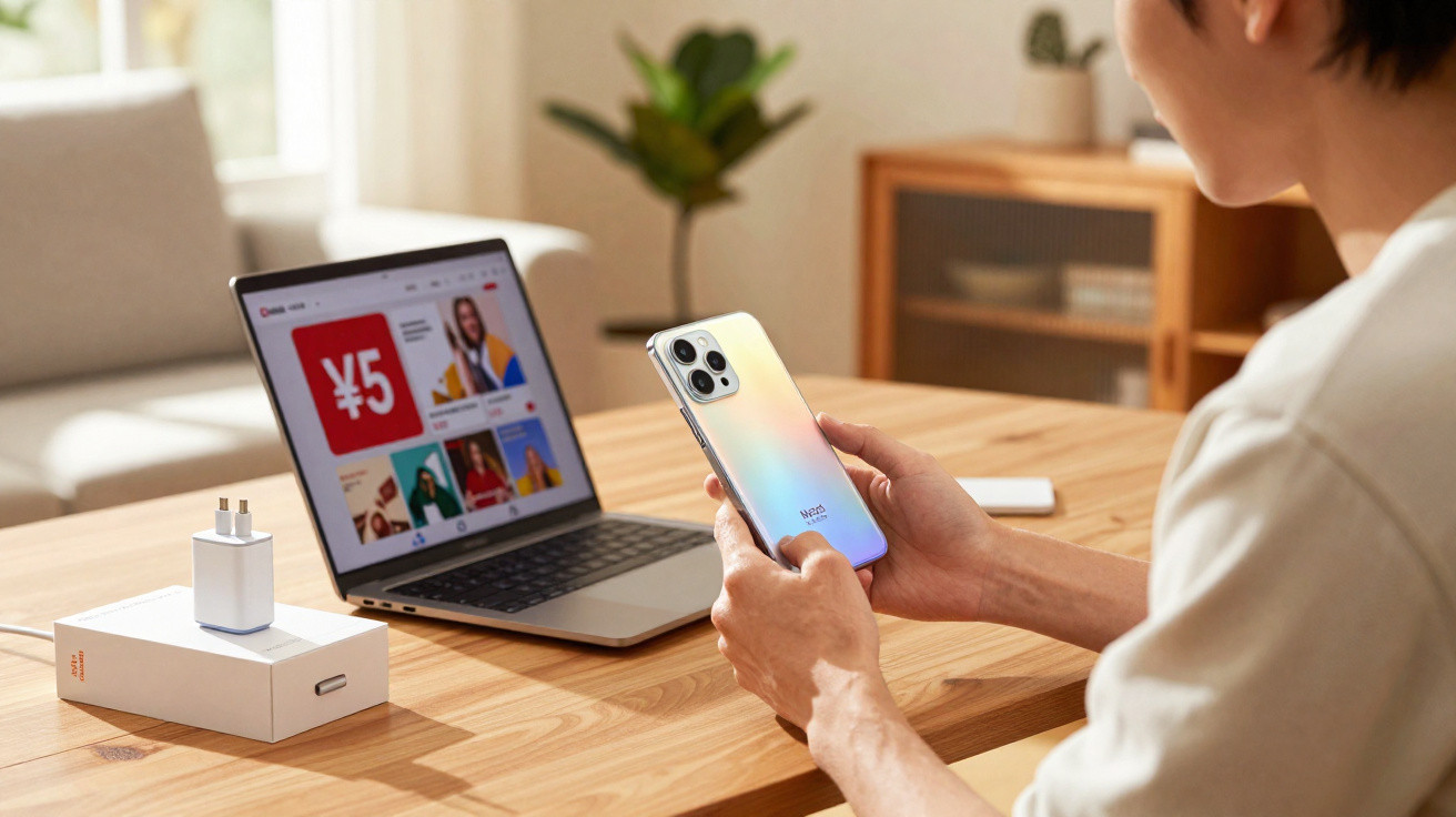 Person holding a smartphone with a laptop and charger on a wooden table in a bright living room.