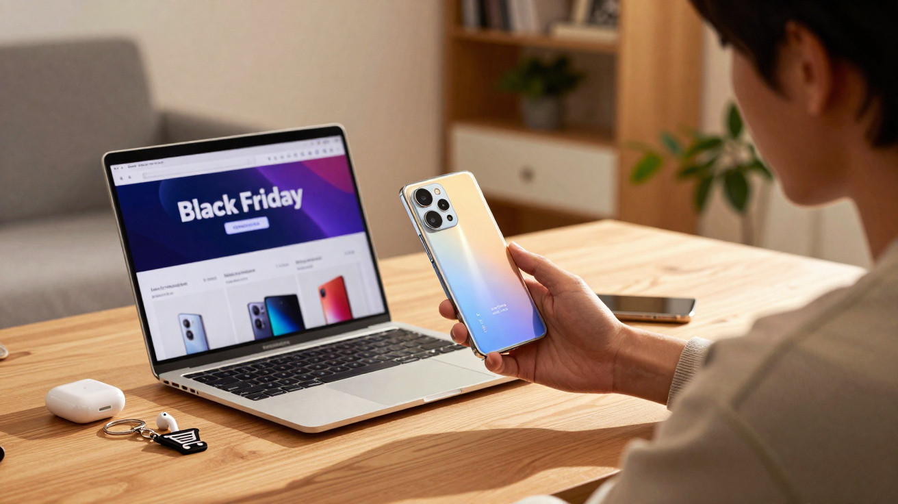 Person holding a smartphone while browsing a Black Friday sale on a laptop at a wooden desk.