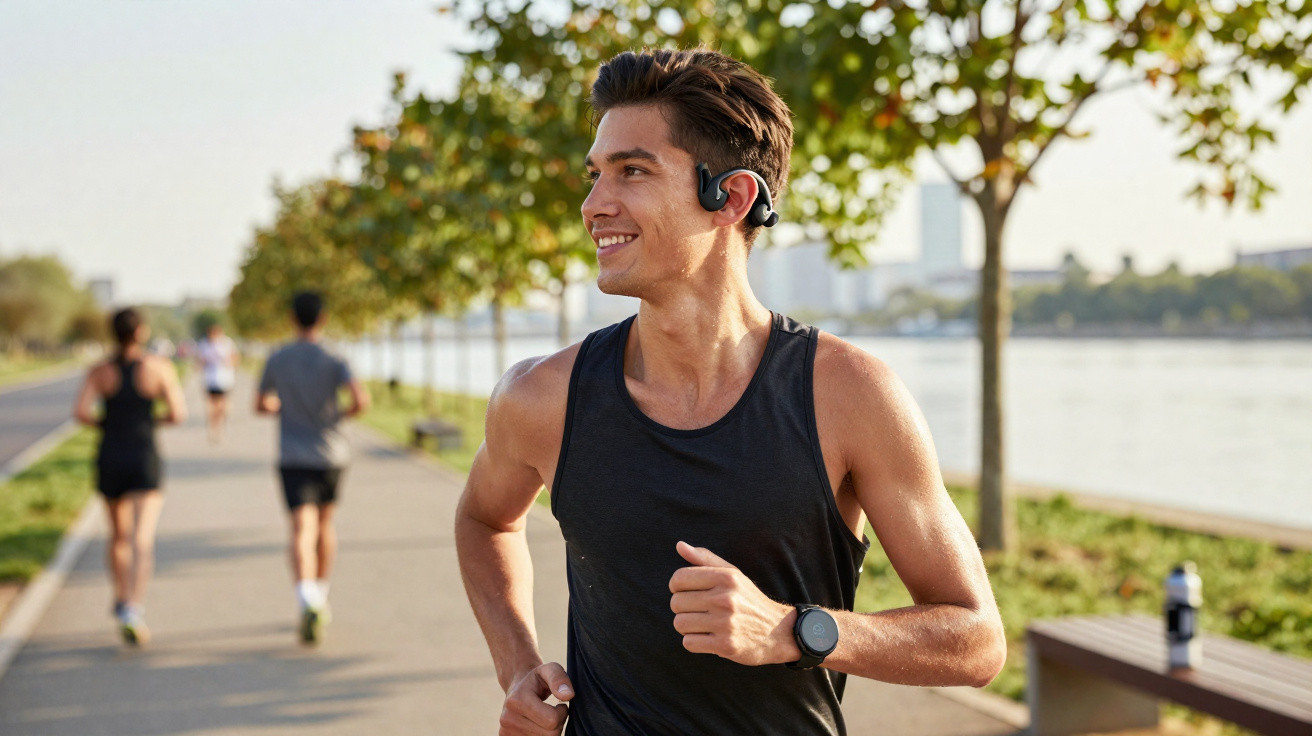 Young man jogging along riverside path wearing black tank top, smartwatch, and wireless earphones, smiling.