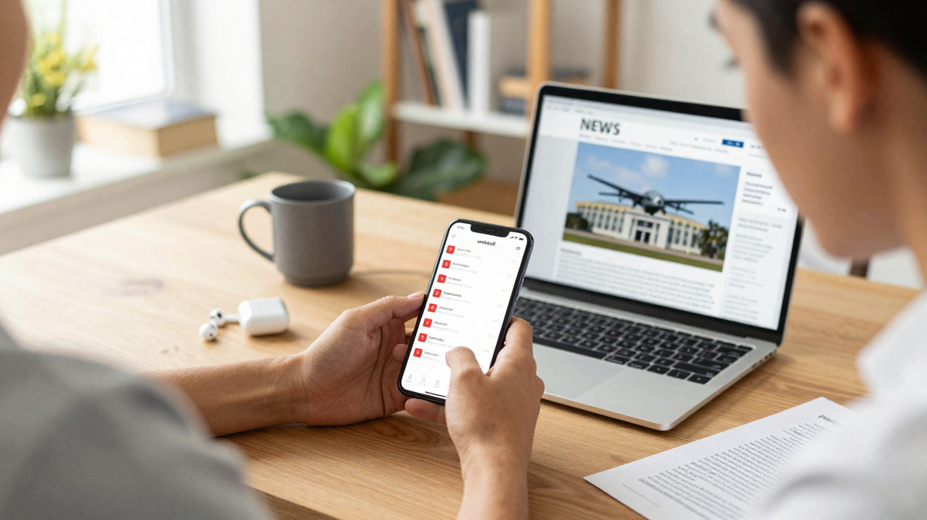Two people at a desk looking at a smartphone and a laptop displaying a news website with an airplane image.