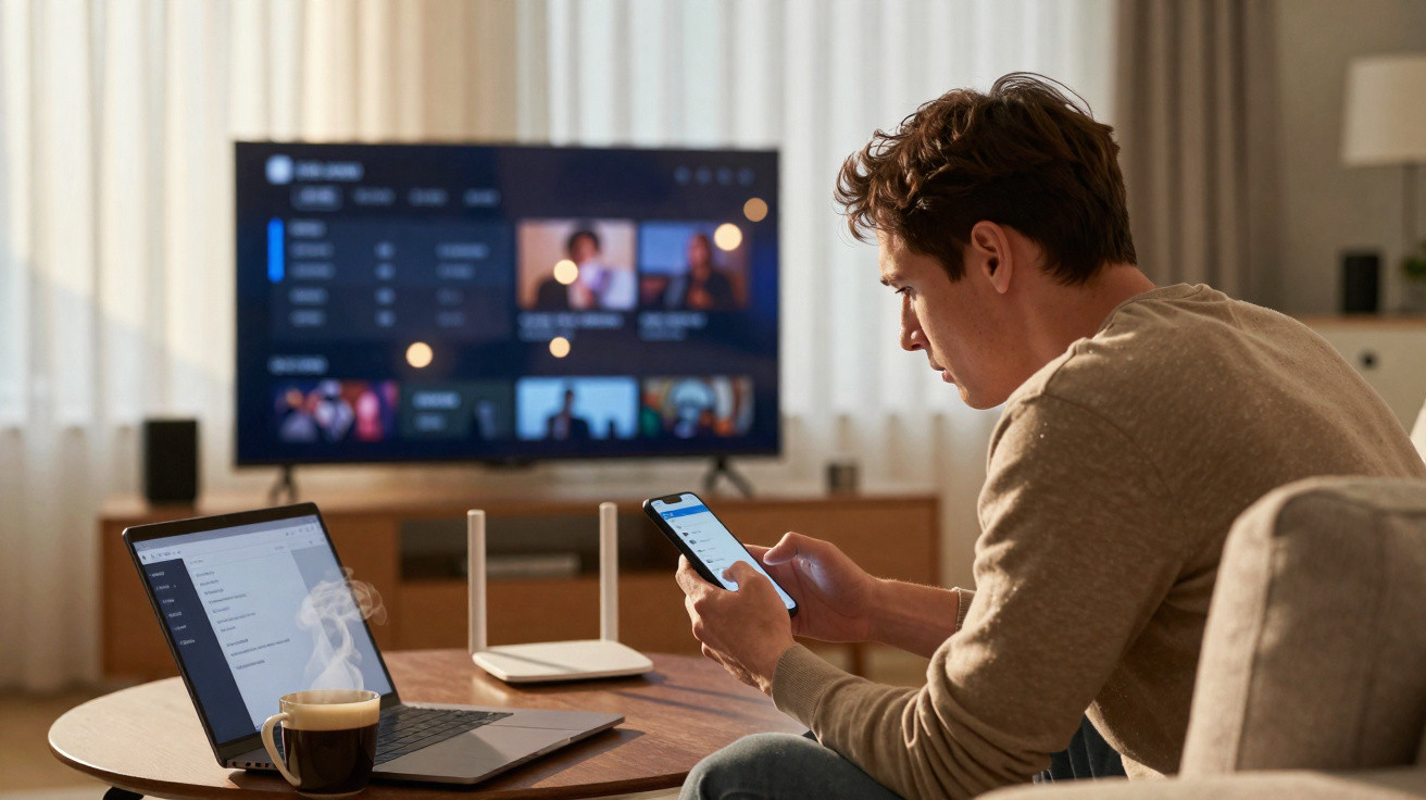 Young man using smartphone with laptop, coffee, and TV in a cosy living room setting.