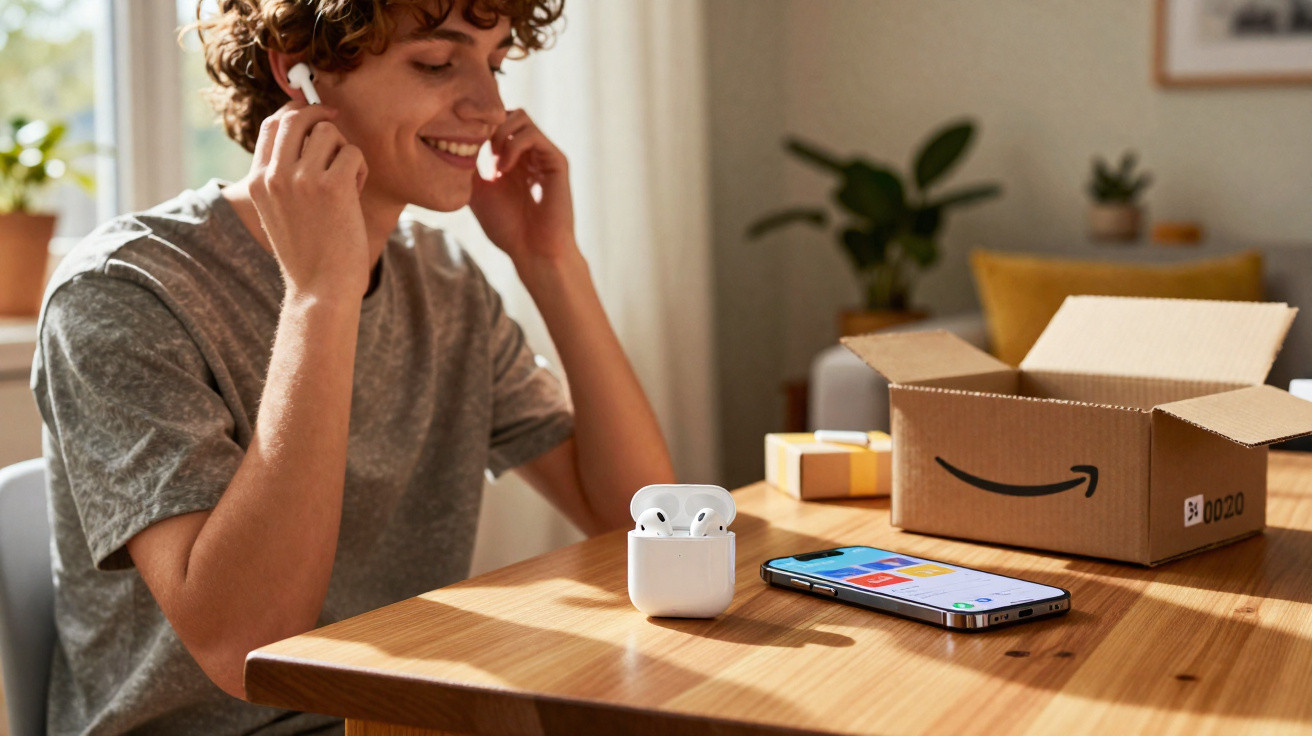 Young person smiling while putting on wireless earbuds near a smartphone and open Amazon box on a wooden table.