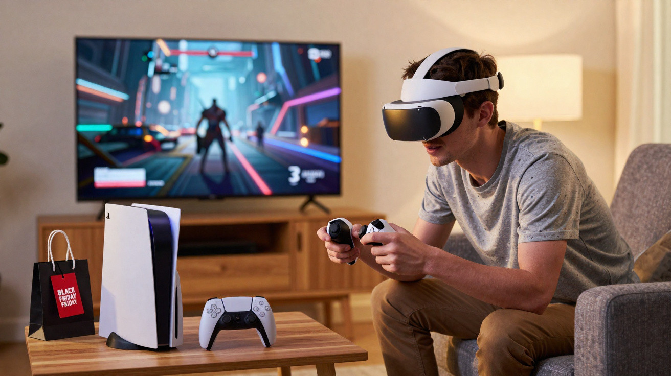Man wearing a VR headset playing video games with controllers in a living room setting.