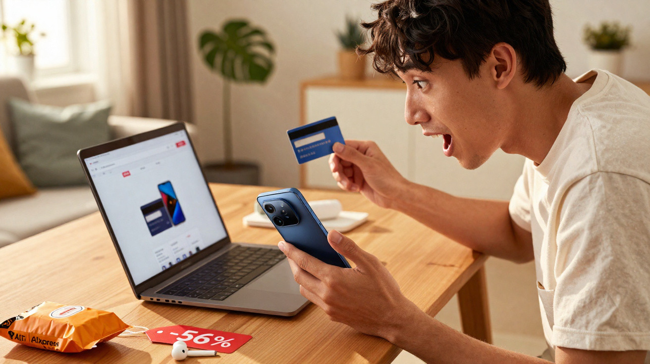Young man excitedly holding a credit card and phone while shopping online on a laptop at a wooden table.