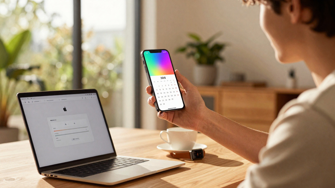 Person holding smartphone displaying 2025 calendar next to open laptop on a wooden table.