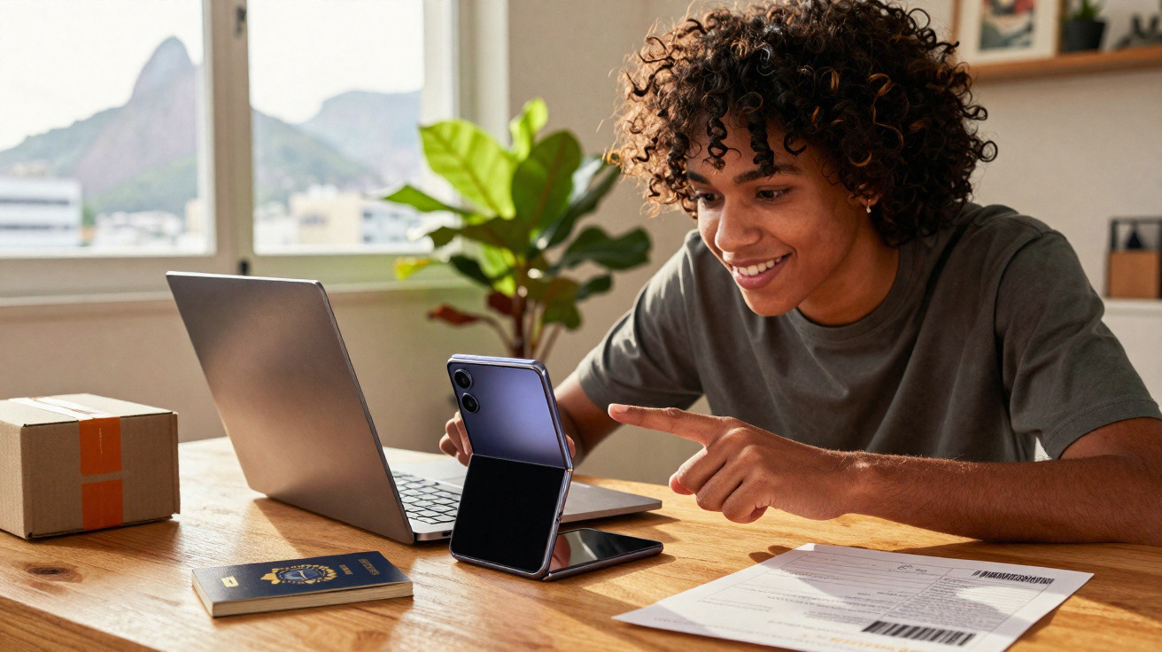 Young man smiling while using a foldable smartphone and laptop at a table with travel documents and a package.