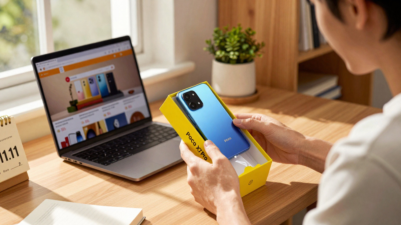 Person unboxing a blue Poco X Pro smartphone at a desk with a laptop and calendar nearby.