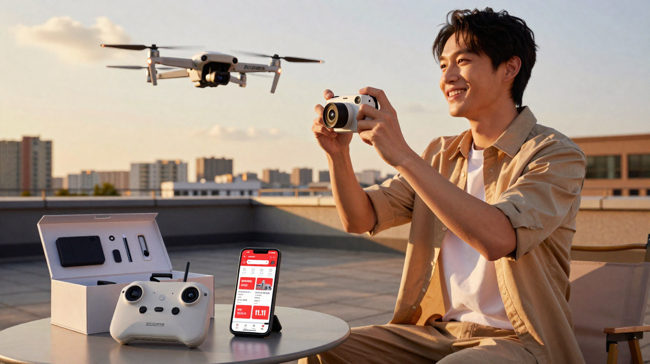 Man operating flying drone with remote control and smartphone on rooftop at sunset.