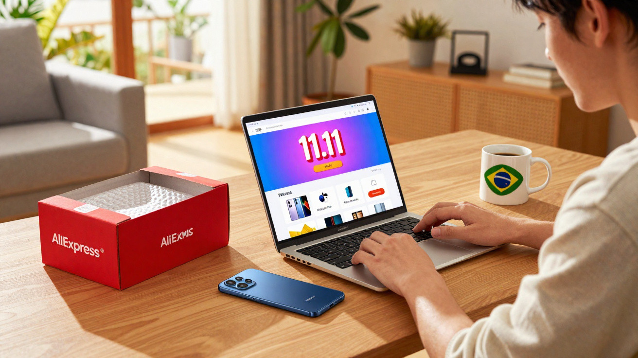 Person using a laptop showing 11.11 sale on AliExpress, with a phone, red AliExpress box, and a Brazil flag mug nearby.