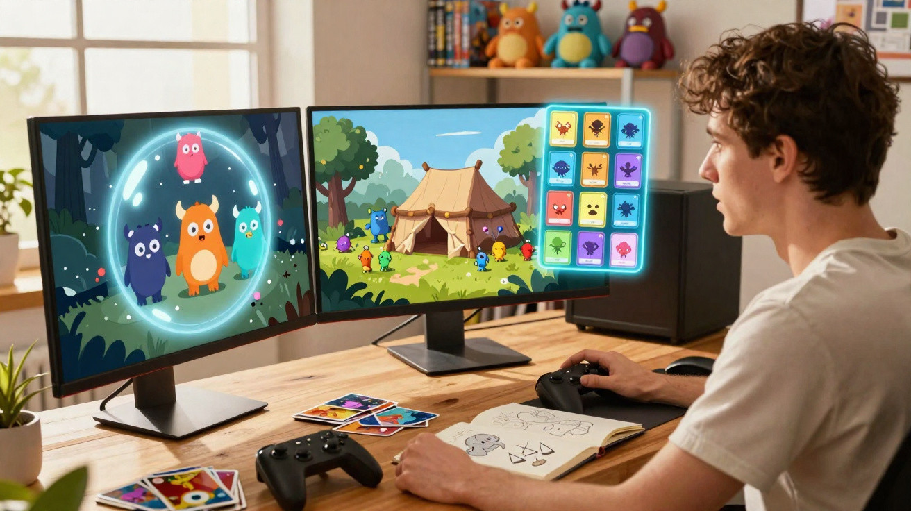 Person playing a colourful monster-themed video game on dual monitors with game controller and sketches on desk.