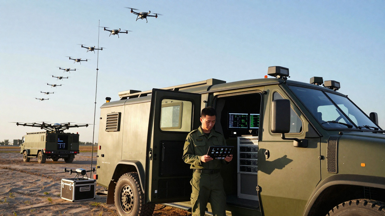 Military personnel operating control equipment beside an armoured vehicle with drones flying overhead.