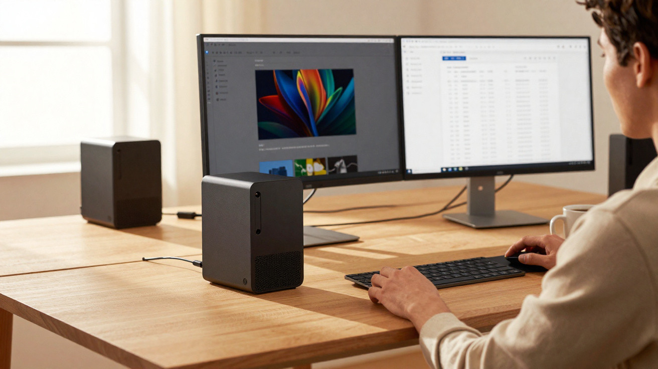 Person working on dual monitors connected to a compact desktop PC on a wooden desk in a bright room.