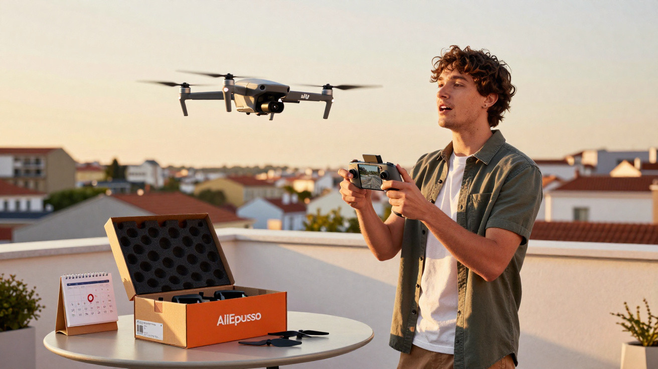 Young man flying a drone on a rooftop terrace at sunset with drone box and calendar on table nearby.