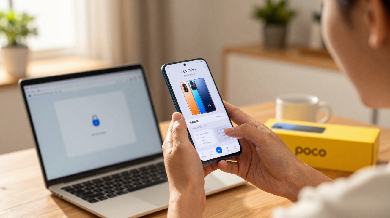 Person holding a smartphone displaying Poco X3 Pro details next to a laptop and a yellow Poco box on a wooden table.