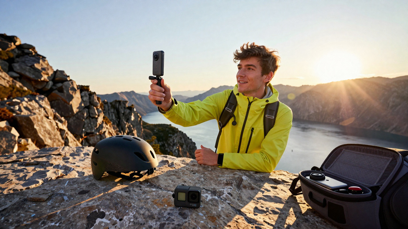 Young man in yellow jacket recording video with 360 camera on rocky cliff overlooking lake at sunset.