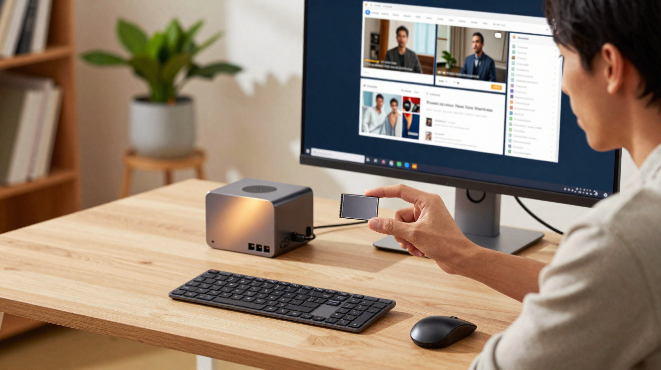 Person holding a small device connected to a cube-shaped computer with a monitor showing a video call.