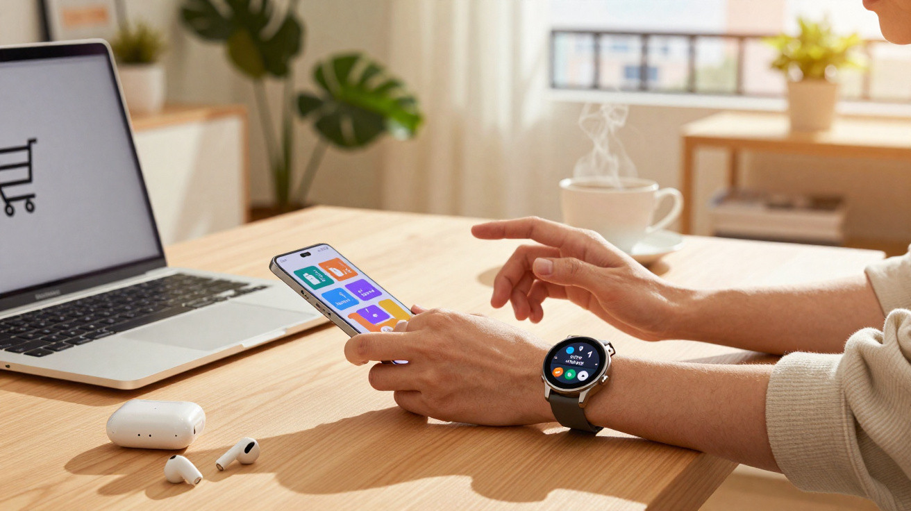 Person using smartphone with colourful app icons, wearing smartwatch, near laptop and wireless earbuds on wooden table