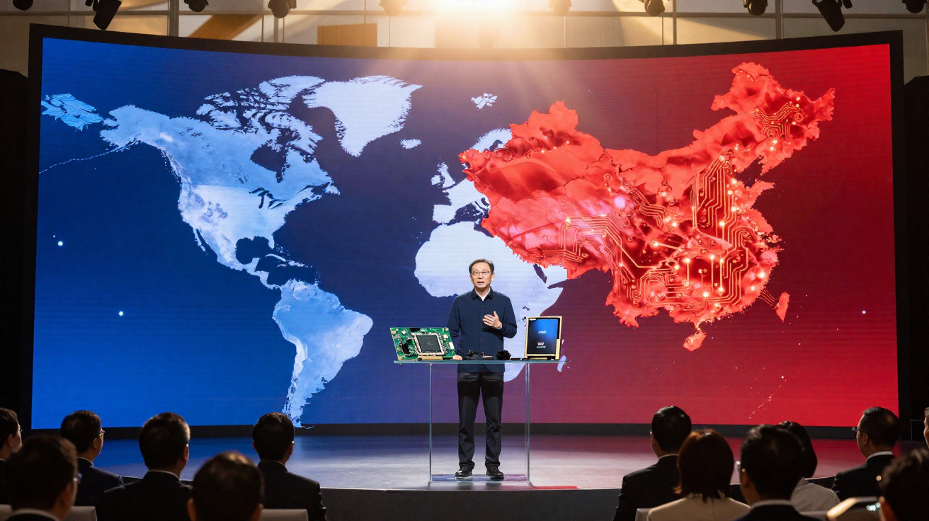 Presenter standing on stage with digital world map highlighting China in red and technology design elements.