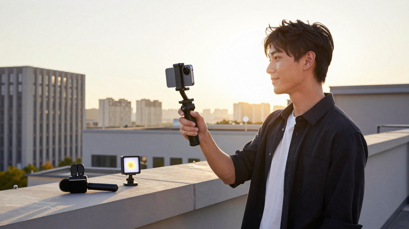 Young man filming with smartphone on a rooftop at sunset, with camera accessories on the ledge.