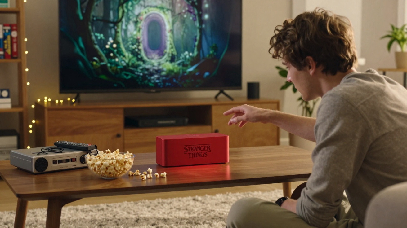 Person sitting on a sofa reaching towards a red Stranger Things speaker on a coffee table with snacks and a TV in background.