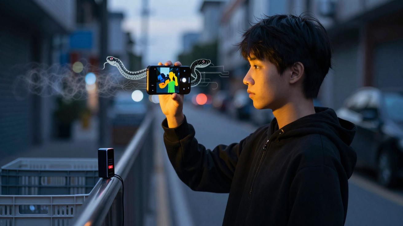 Young man recording video on smartphone with animated snakes emerging from the screen in urban street at dusk