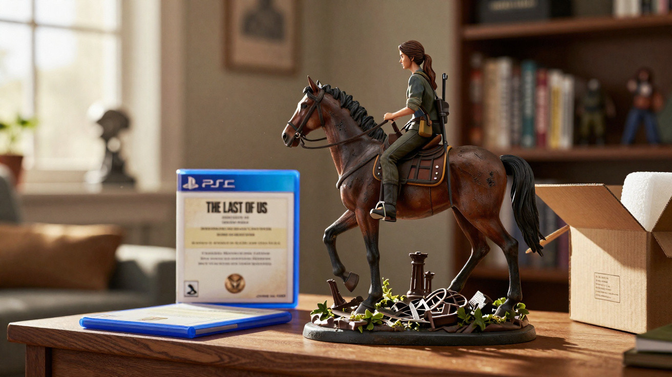 Figurine of a woman on a horse next to The Last of Us PS5 game case on a wooden table in a living room.