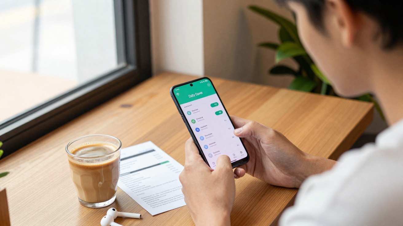 Person using a smartphone app to monitor data usage while sitting at a wooden table with coffee and earphones.