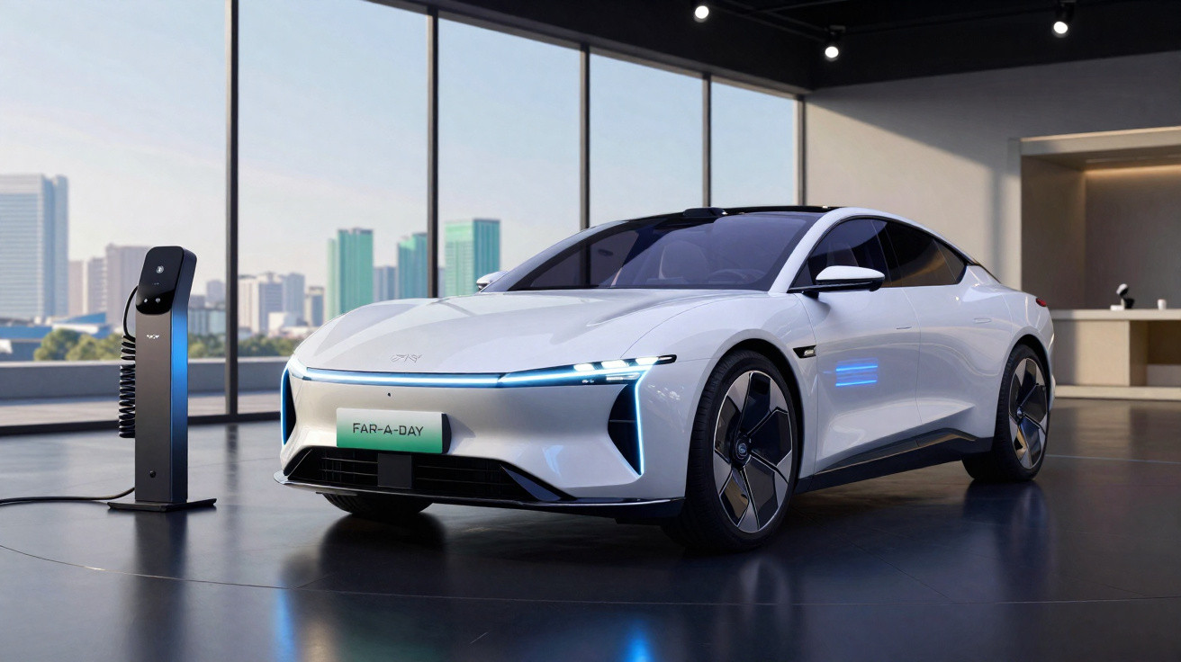 White futuristic electric car charging inside a modern showroom with cityscape in the background.