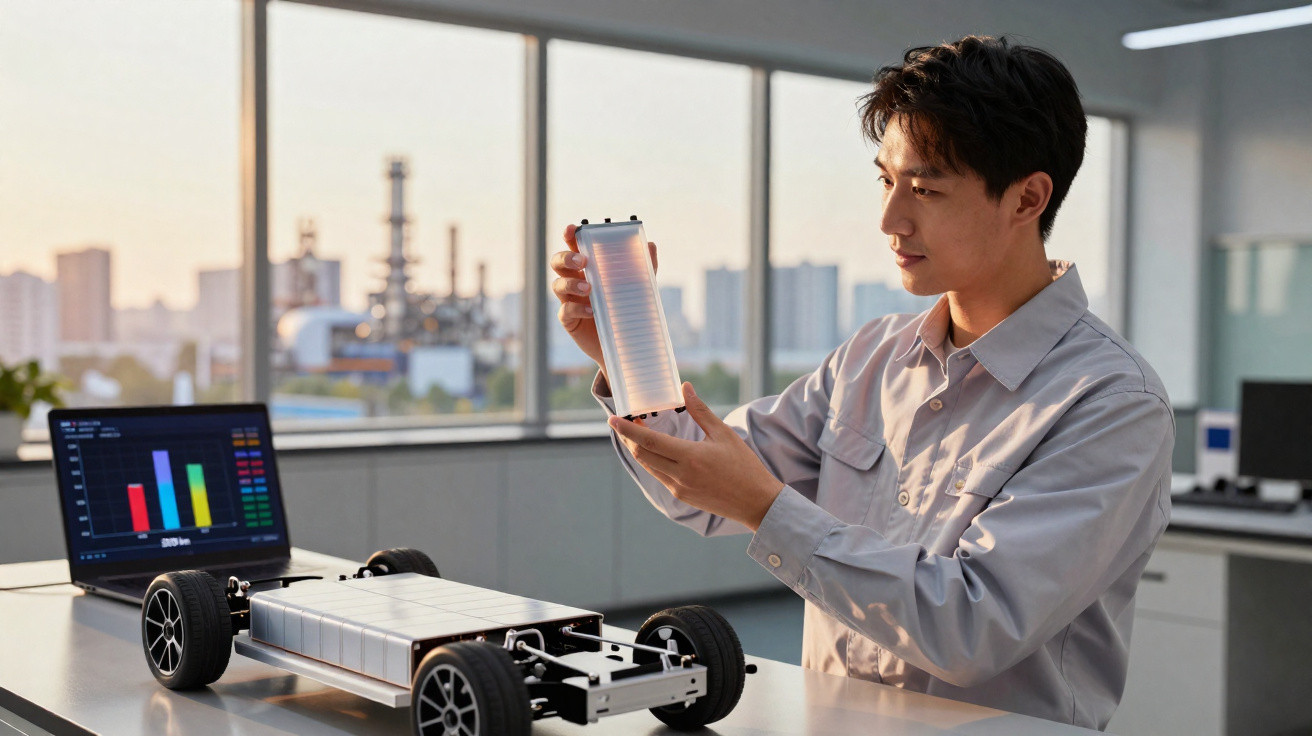 Engineer examining a battery cell next to an electric vehicle model with data on a laptop in a modern office.
