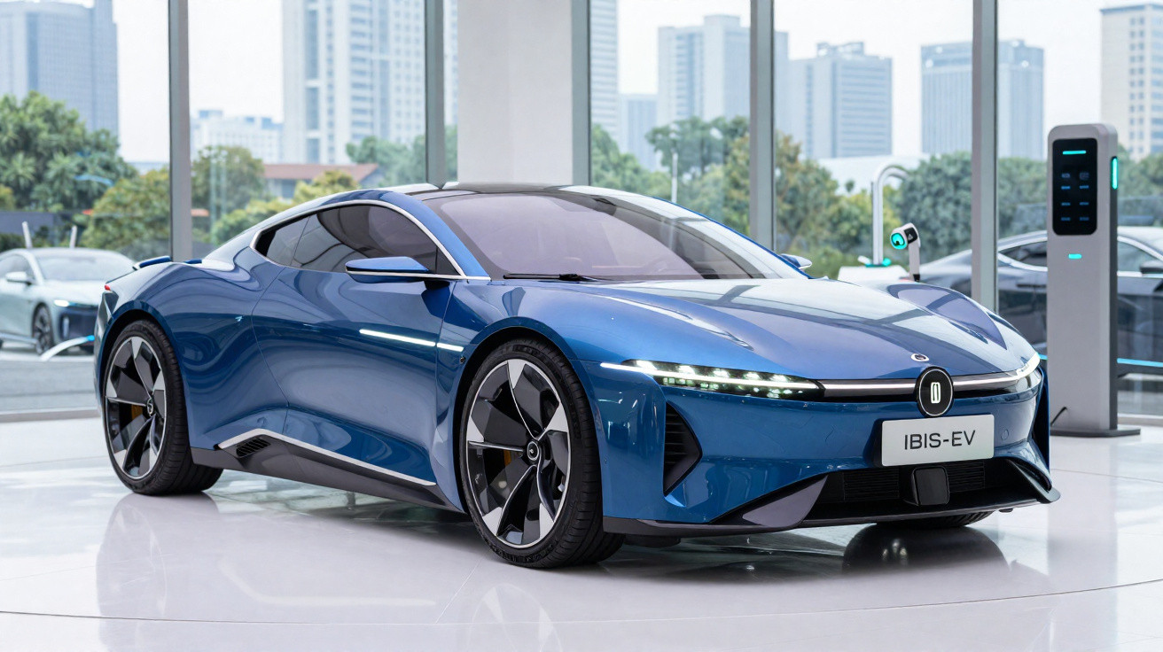 Blue IBIS-EV electric sports car displayed indoors with city skyline visible through glass windows.