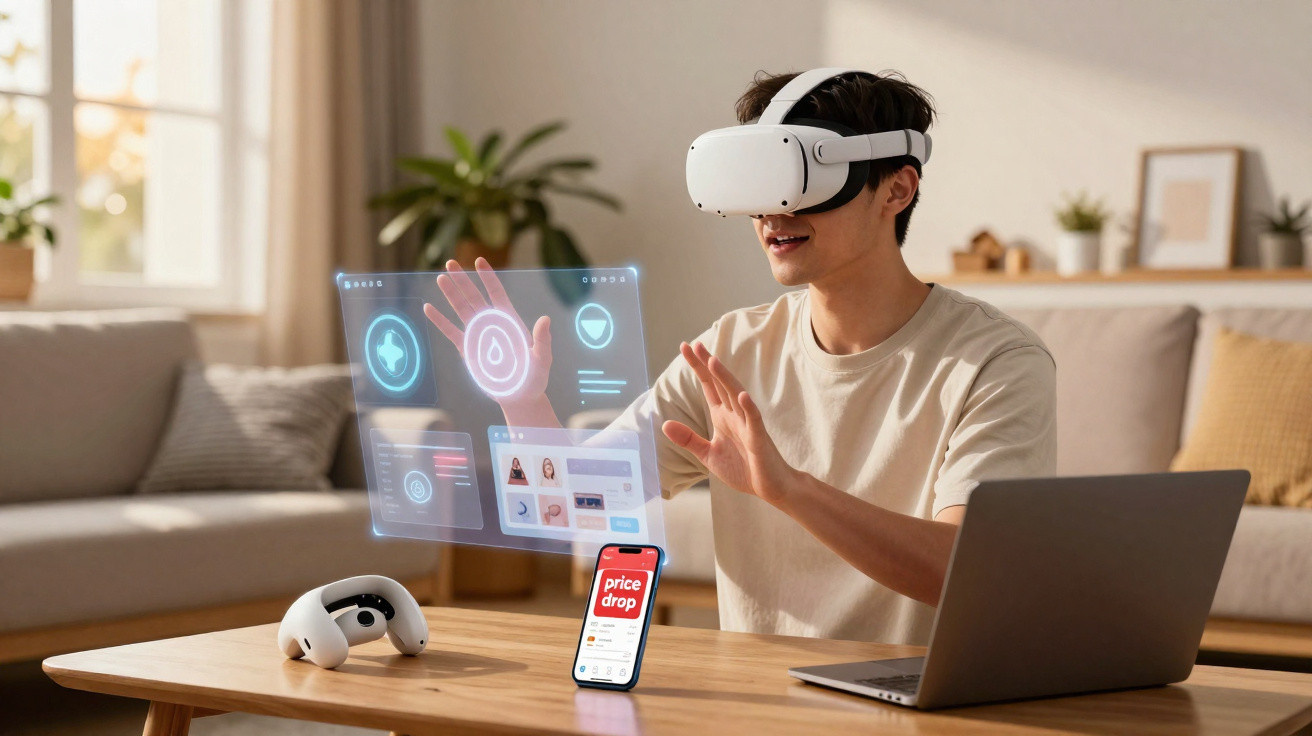 Young man wearing VR headset interacting with virtual interface, laptop and phone on wooden table in living room.