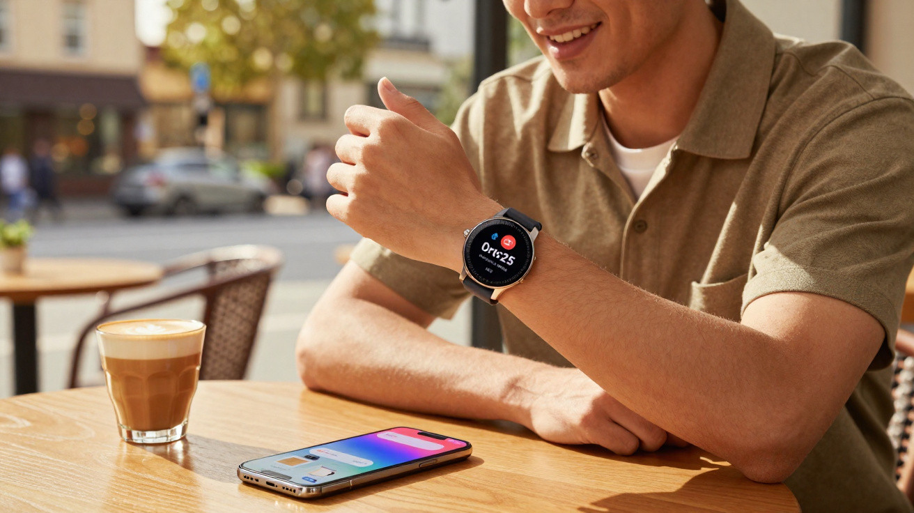Man sitting at a table outdoors, checking a smartwatch, with a smartphone and coffee on the table.