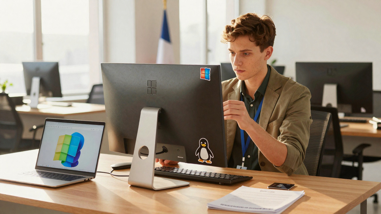 Young man working on desktop computer with stickers, laptop open, and documents on desk in modern office.